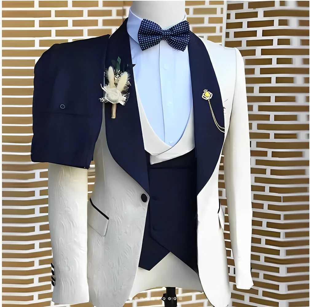 Elegant white jacquard mens wedding dress formal jacket vest pants 3-piece beauty tailcoat custom mens fashion clothingXJ250320