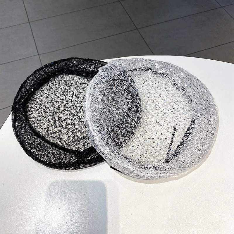 Thin Sequin Mesh Hat Women Spring Summer Niche Personality Sweet Cool Beret Fashion Lace Cutout Painter Hat Baotou Hats 250320