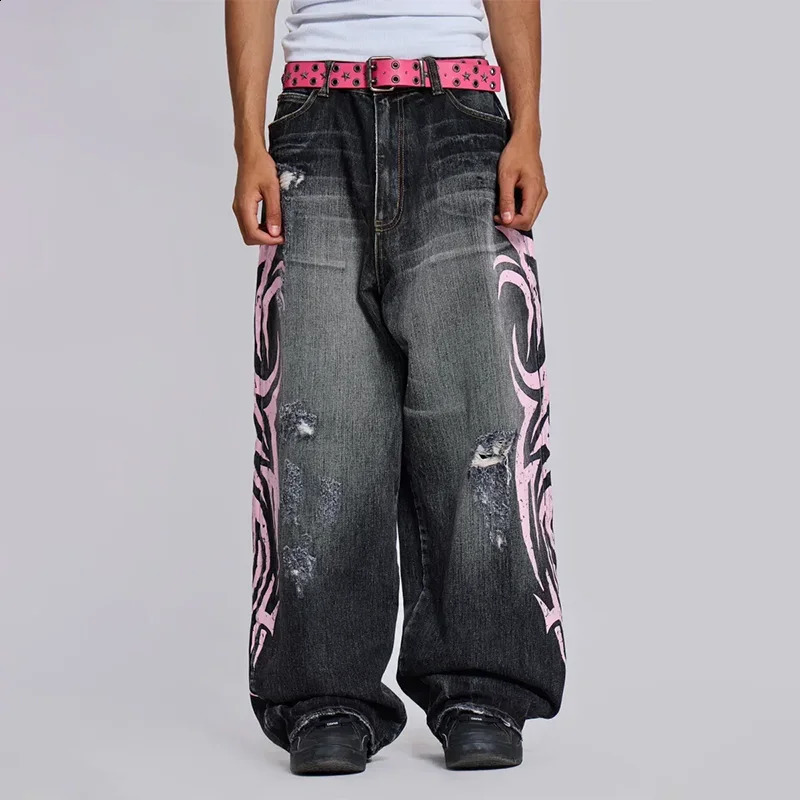 Y2K American Retro Print Pattern Washed Holes Baggy Jeans Mens Hip Hop Gothic Casual Joker Couple Wide Trousers Street Wear 250319