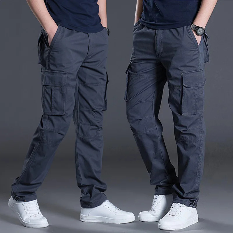 cotton multi flap pocket mens straight leg cargo pants loose casual outdoor hiking tactical work 250317