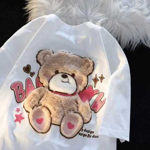 Flocking Bear Pure Cotton Short Sleeve T-shirt Womens Loose Fit Sensible Niche Cute American Style Vintage Couple Top SummerT250320