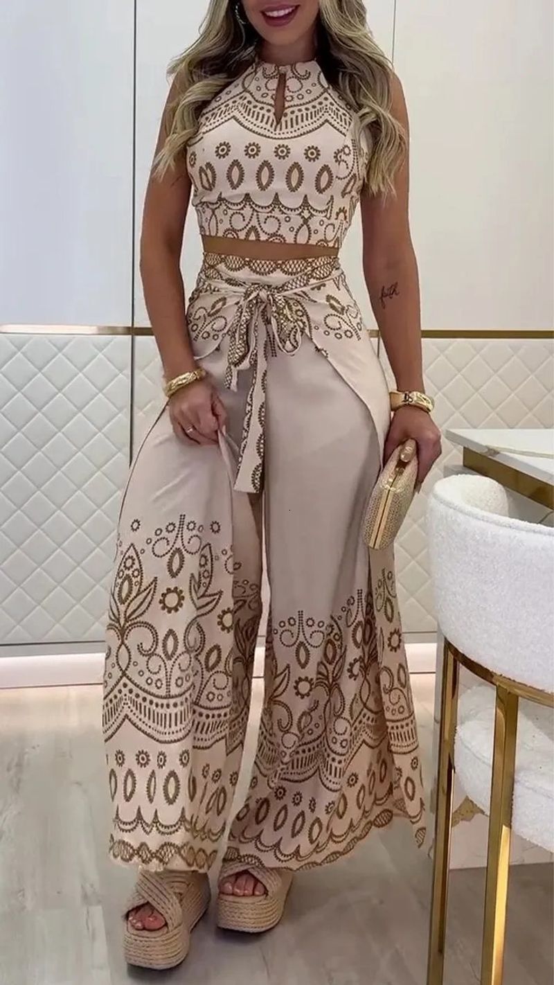 Womens Clothing Spring And Summer New Retro National Style Halter Top Wide Leg Pants Set