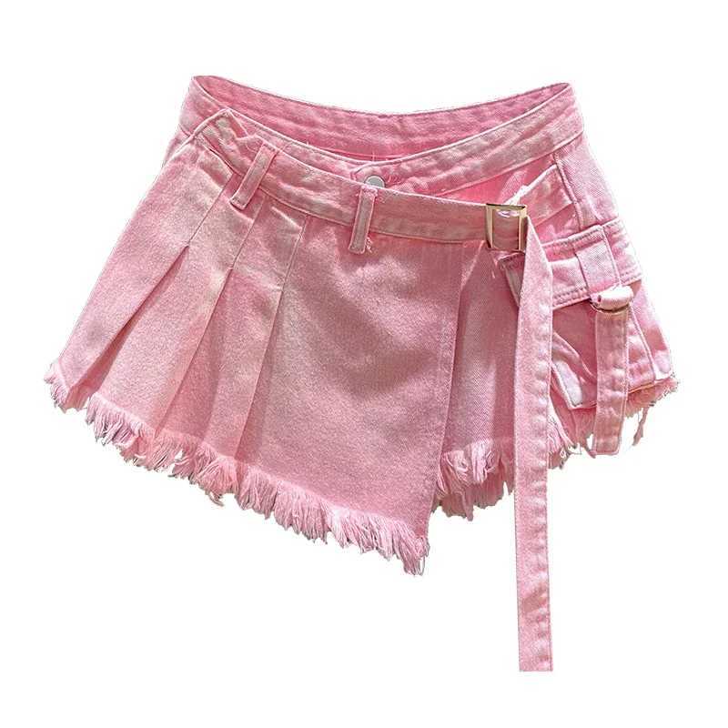 Irregular pink denim tight fitting womens summer high waisted weight loss vacation two-piece A-Line workwear short sleeved mini skirt 2024XJ250320