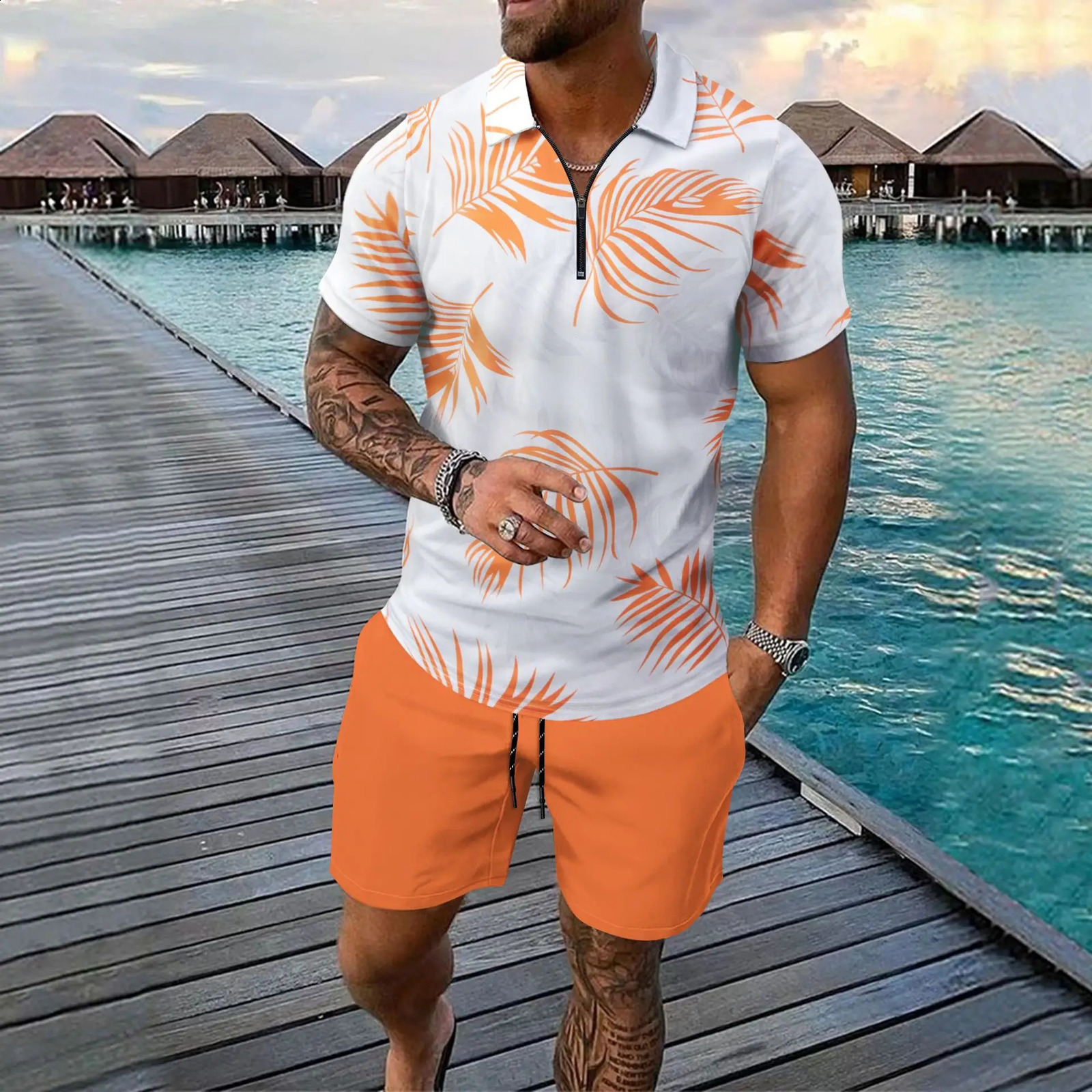 Cross-border Beach Mens European and American Digital Printed Zipper Short-sleeved POLO Shirt Shorts Set Short Sets 250319