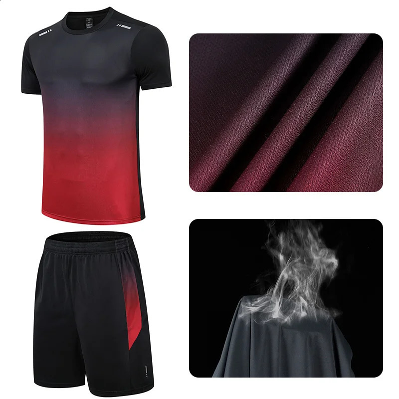 Summer men gradually color fast-drying short-sleeved shorts reflective sports suit teenagers leisure running fitness relaxed set 250319