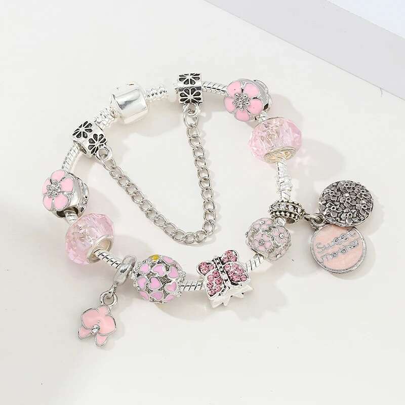High Quality Silver Plated Heart Beads Charm Bracelets With Pink Mother Pendant DIY Bracelet Jewelry Gift For Women Men Pulsera