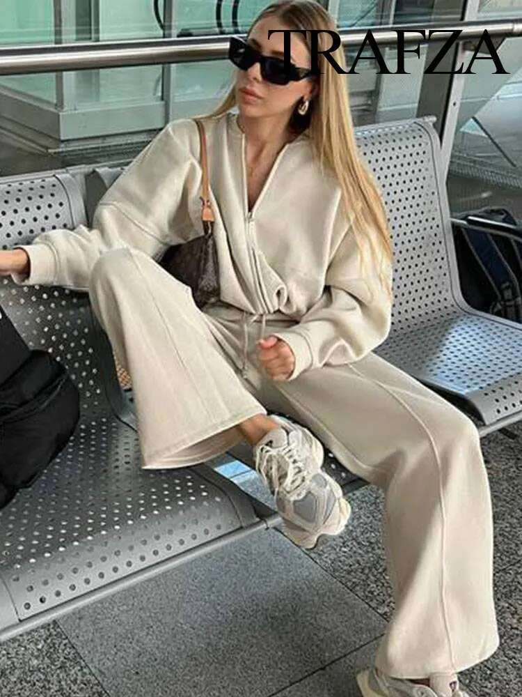 TRAFZA 2-Piece Retro Solid Color Zipper Bomber Jacket Sweatshirt + High-Waisted Lace-Up Women's Loose Veet Pants Suit
