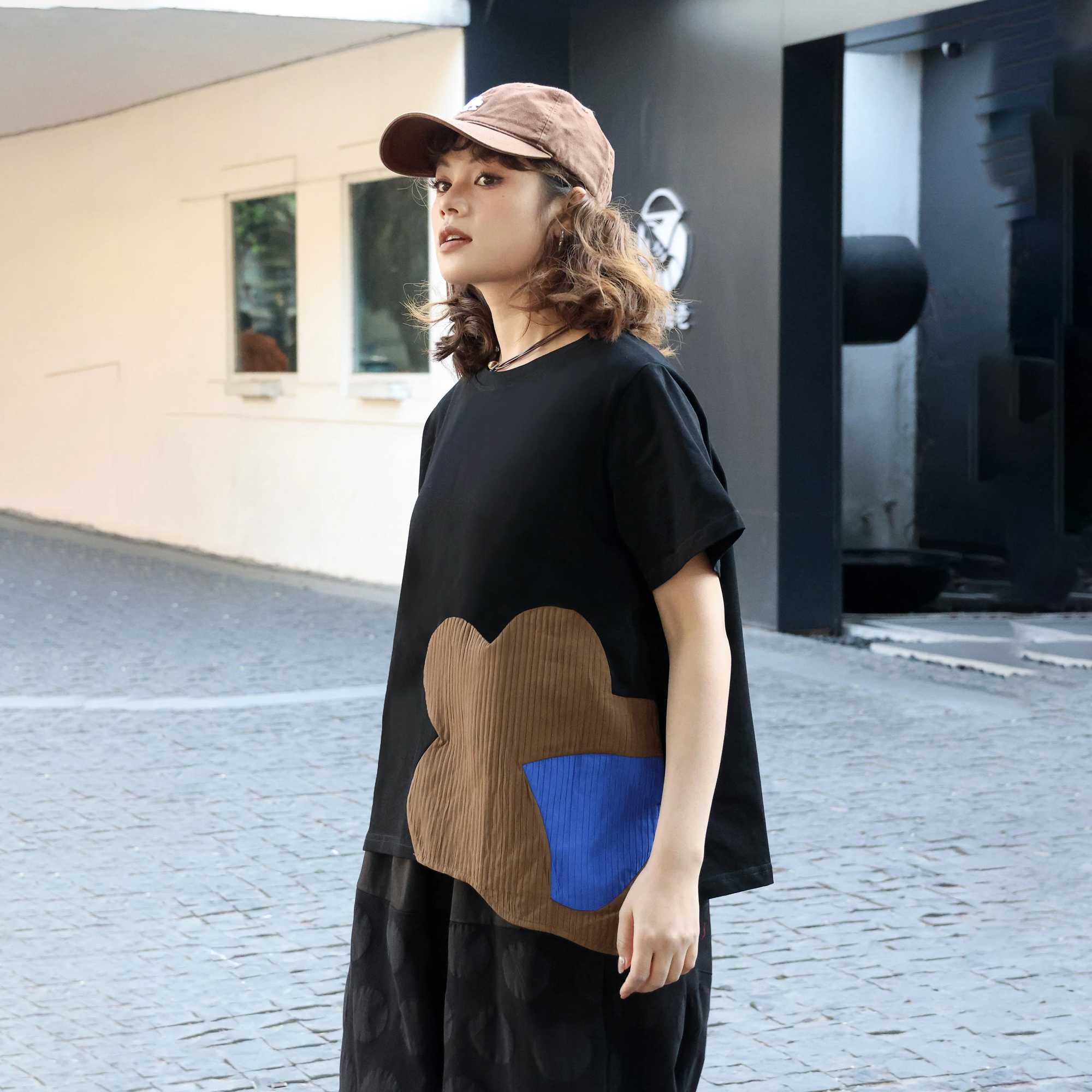 250207 irregular patch work contrasting color T-shirt casual O-neck short sleeved personalized loose fit suitable for summer womens T-shirtT250320