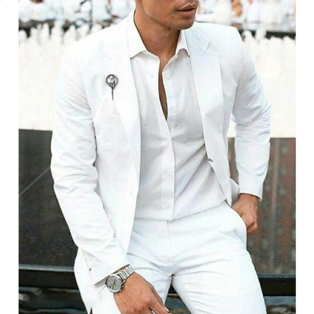 White Men Suit Fashion Notch Lapel Smart Office Casual Male Slim Fit Wedding Two PieceBlazerPants 250311