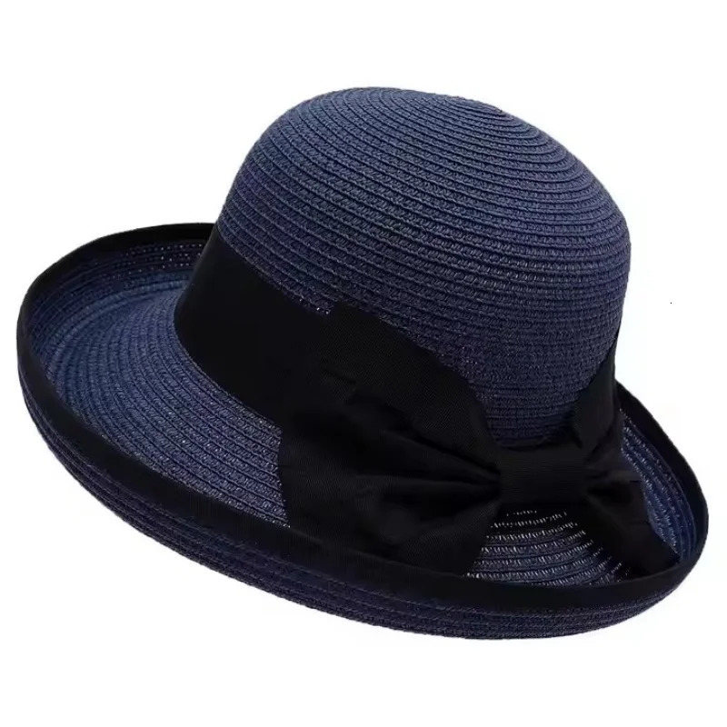 Spring Summer Woven Straw Hat Women Fashion Curled Edge Bow Fishing Hats for Travel Sun Protection Beach Sun Cap 250320