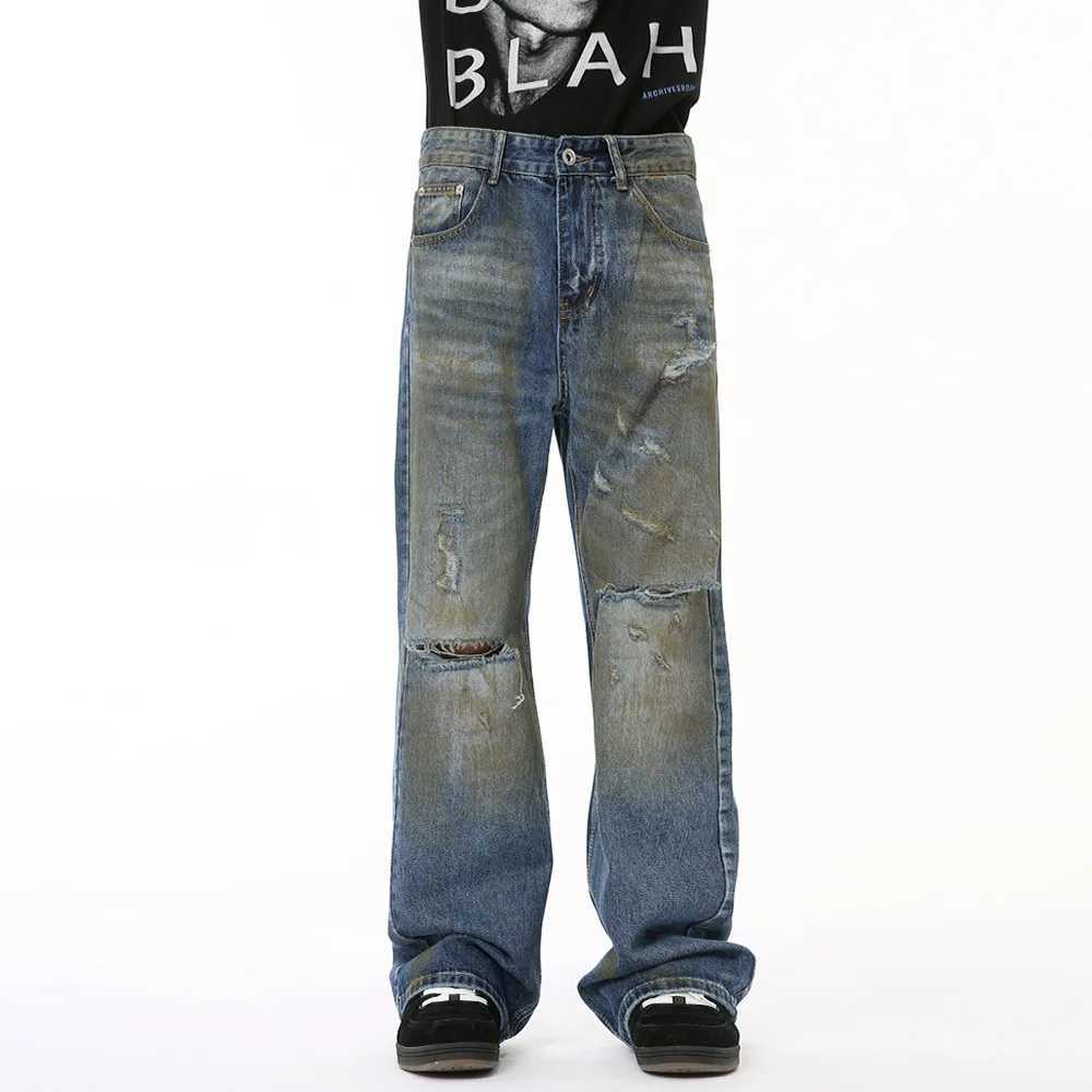 Retro Broken Harsh Wide Leg Denim Jeans Wear Hip Hop Spray Paint Printed Burst Jeans Mens Slim Trend 2025T250319