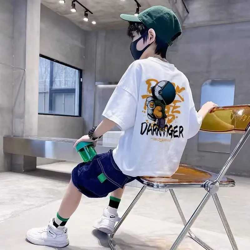 Summer Childrens Clothing Astronaut Cartoon Printed T-shirt Street Clothing 100% Cotton Top Childrens Boys and Girls Clothing Short Sleeve T-shirtT250
