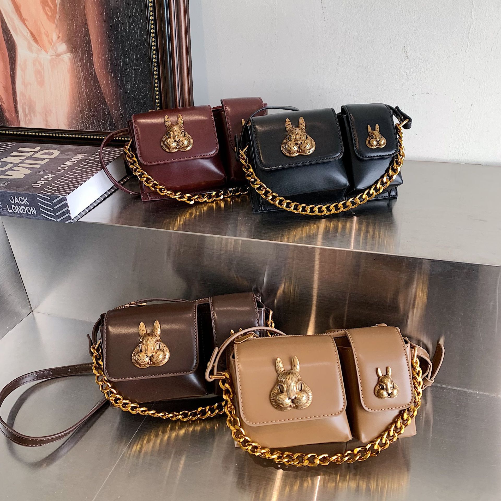 Small Fashion Trend Motorcycle For Women New Spring/Summer Chain Rabbit One Shoulder High Grade Oblique Straddle Bag