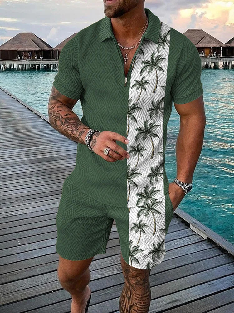 Hawaii 2-piece 3D Coconut Tree Printed Zipper Polo Shirt Short Sleeves and Shorts Casual Fashion Zipper Mens 2-piece Sportswear Set 250318