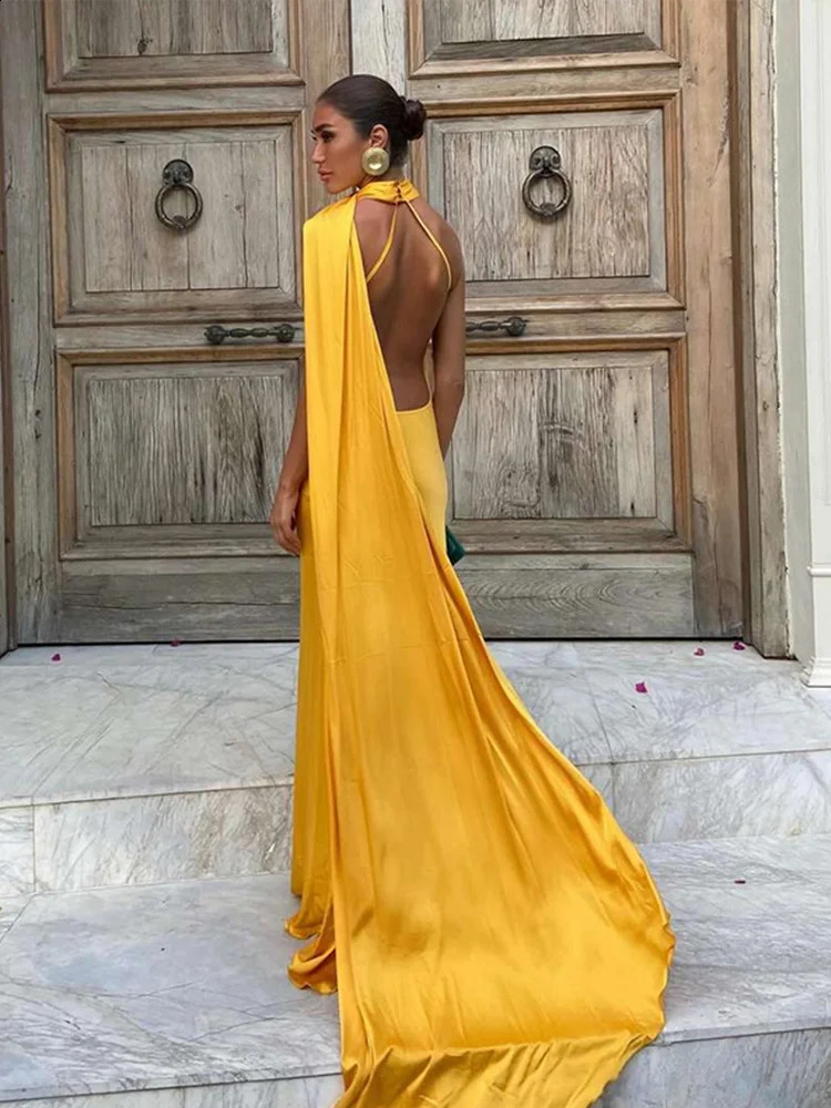 Elegant Solid Ribbon Women Halter Dress Off Shoulder Sleeveless Backless Slim Female Maxi Dresses Summer Chic Lady Robe 250319