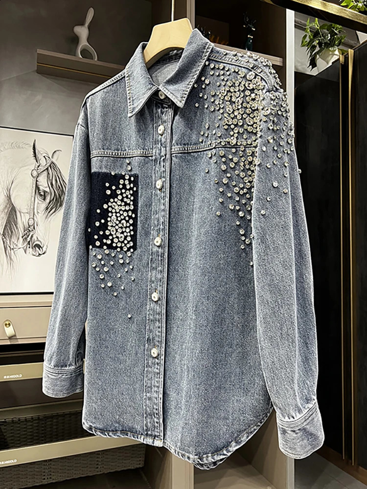 DEAT womens denim shirt patch work sheet pocket panel loose long sleeved diamond shirt spring item 29L2946 250317