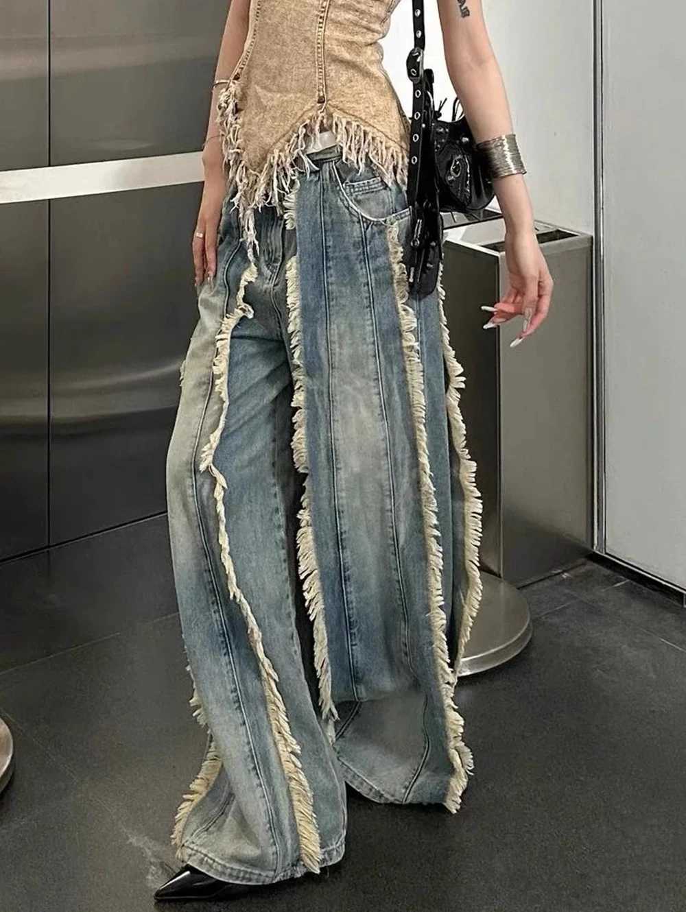 Yao888 Fashion Pants Tassel High Street Y2k Casual Streetwear Luxury Brand Loose Vintage Long Pants Trousers Jeans For MenT250319