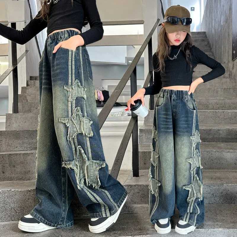 Girl retro side five point star patch design patch work jeans straight pull wide leg three person straight pants 5-14 years oldT250326