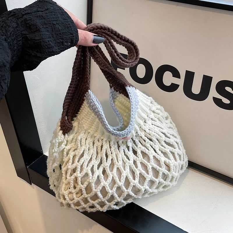 Large capacity womens knitted bag hollow outer bucket shoulder bag 2 sets of mesh travel shopping handbag womens fashion handbag Y250319