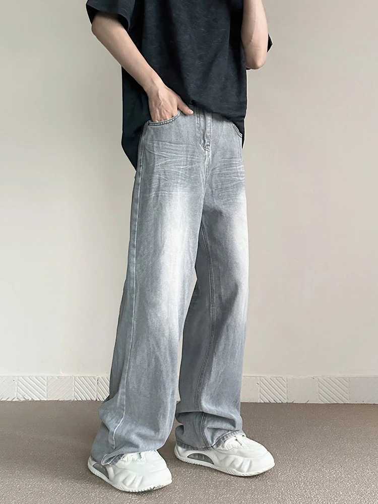 New retro grey pocket jeans mens fashion Harajuku casual Y2k pants straight high street mens wide denim TrousersT250319