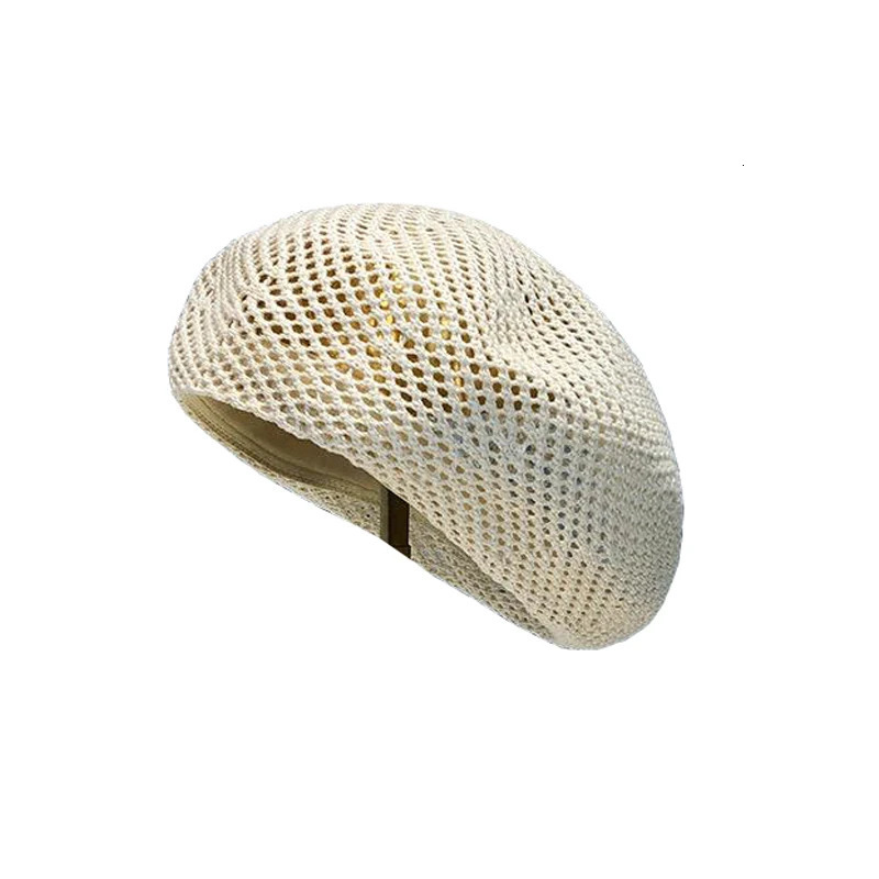 Womens Spring Summer Lightweight Breathable Artist Hat Breathable Solid Color Hollow Knit Beret Caps 250320