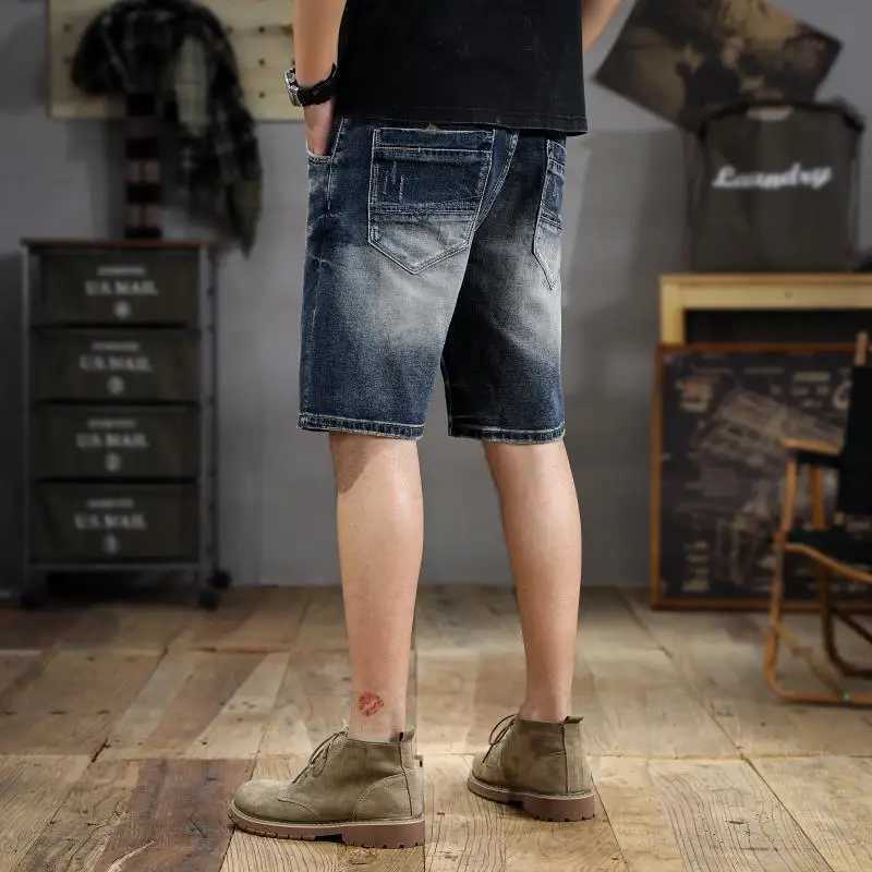 New American Fashion Vintage Wash Scratch Hole Denim Shorts Mens Slim Straight Five Minute Trousers Gangster Handmade W250319