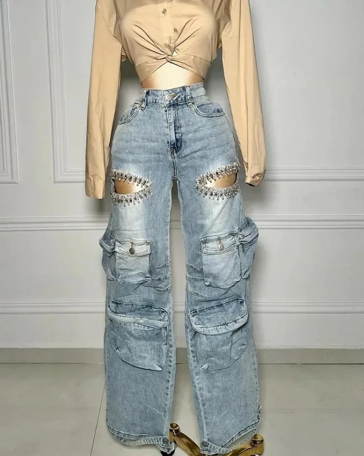 Leosoxs Women Cutout Diamonds Crystal Hollow Out Straight Denim Pants Fall Multi Pocket High Waist Wide Leg Jeans Trousers 250314