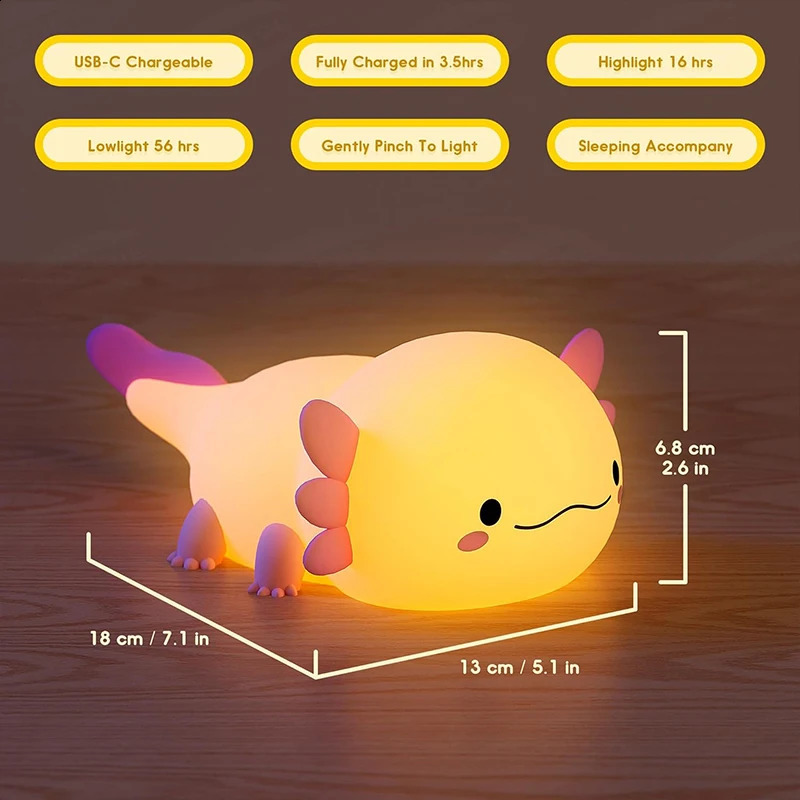 Cute Axolotl Night Light Silicone Nursery Sleeping Lamp Touch Control Nightlights USB Rechargeable Table Lamp for Baby Child 250319
