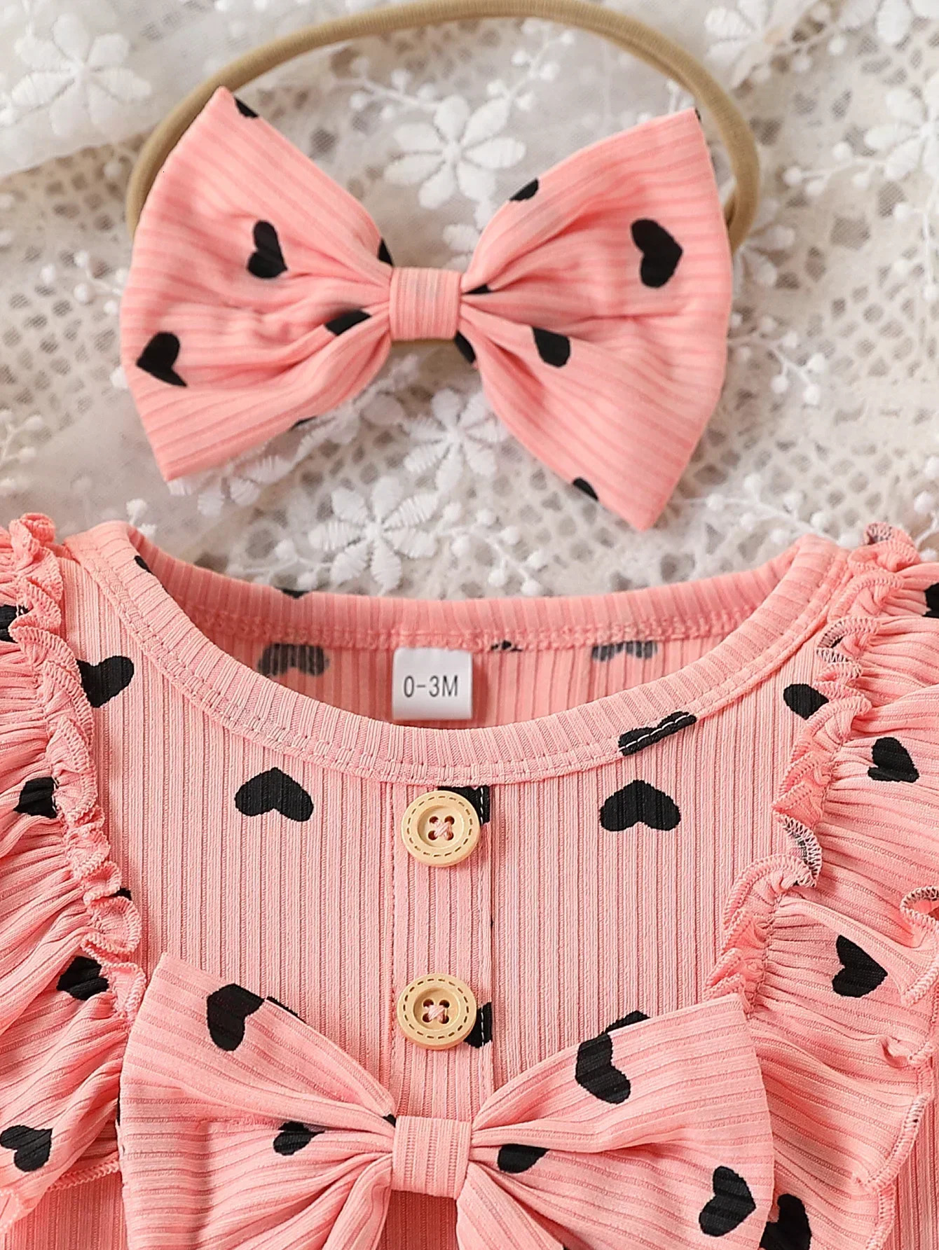 3PCS born Baby Girl Clothes Set with Heart Print Romper Pants Headband Infant Outfits 250319