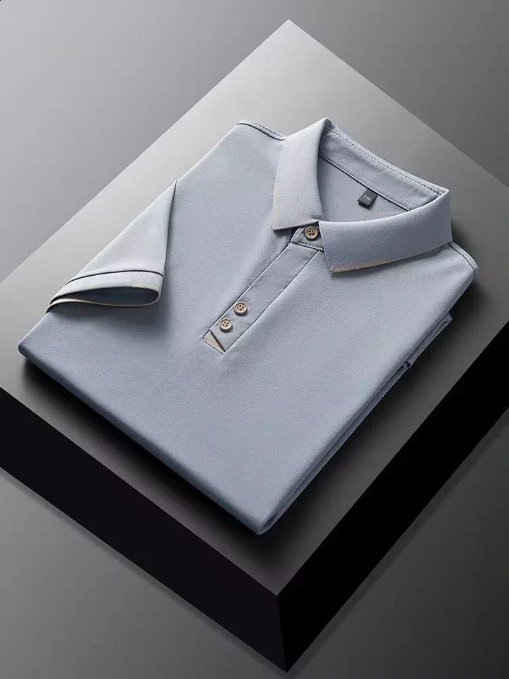 High quality ice silk short sleeve T-shirt mens summer fashion solid color lapel top cool breathable casual POLO shirt 250319