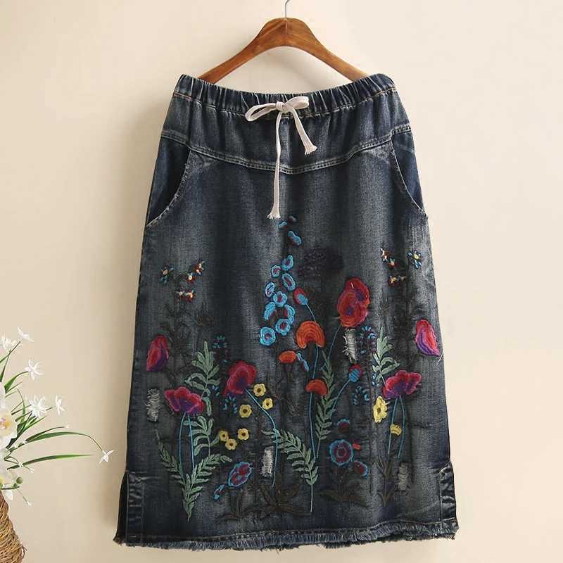 TIYIHAILEY Cotton Denim Long Mid-calf Skirts For Women Tassels Summer Spring Elastic Waist A-line Embroidery Holes 2024 NewXJ250320