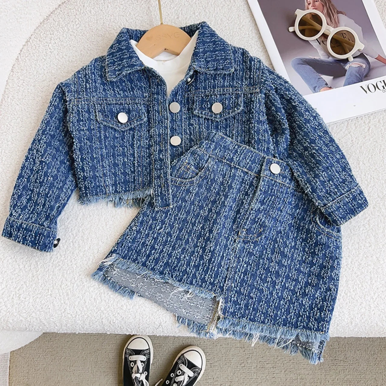 Childrens boutique clothing autumn 2piece set girls top jeans jacket lapel short sleeved fashion preparatory style 250319