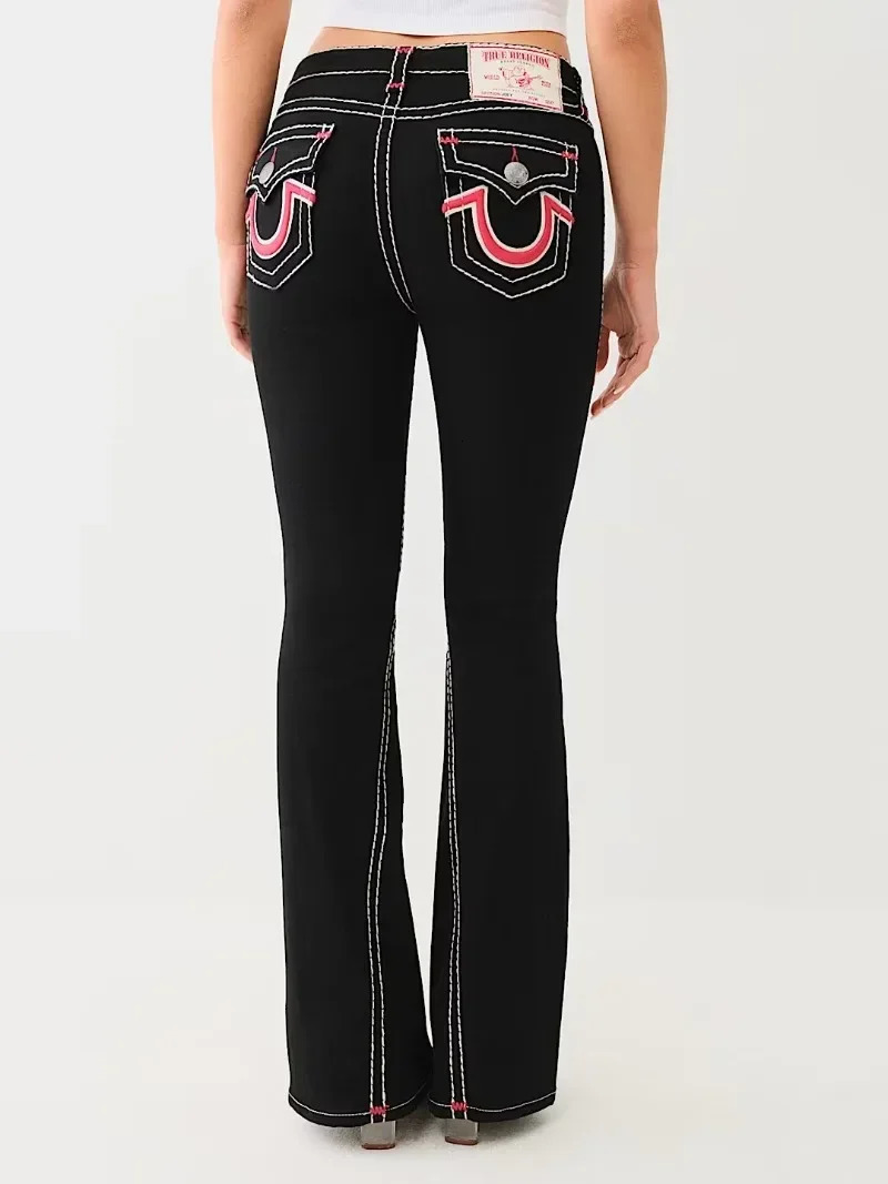 Black high stretch embroidered jeans for women Y2K street fashion retro straight wide leg pants unisex casual loose denim 250320