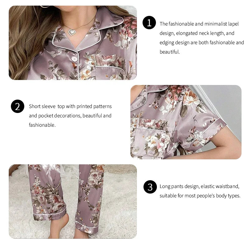 Womens Satin Pajamas 2 Piece Autumn Short Sleeve Top Long Pants Pj Sets Silky Sleepwear Loungewear for Ladies Home Clothes 250320