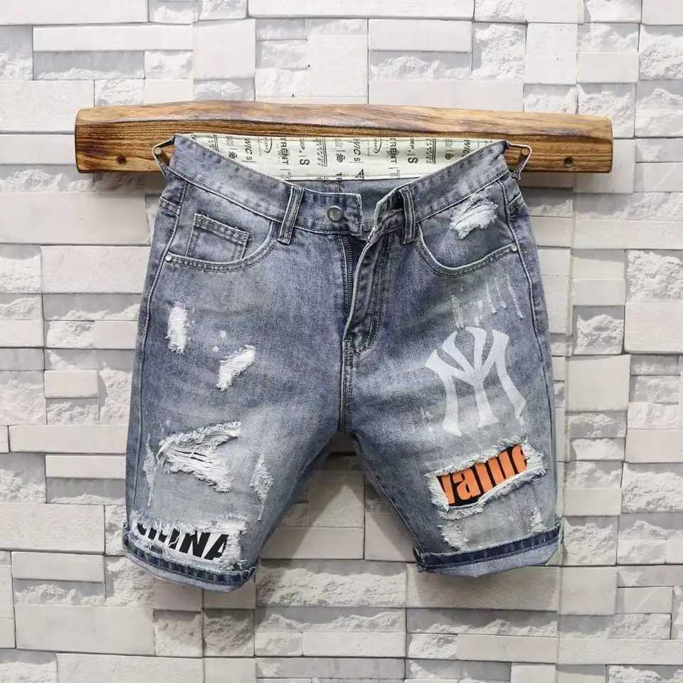 Summer Luxury Clothing Casual Knee Length Solid Jeans Men New Printed Denim Korean Fashion Ripped Patchwork Slim Shorts Male W250319