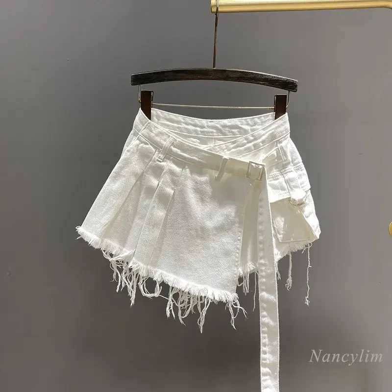 Irregular pink denim tight fitting womens summer high waisted weight loss vacation two-piece A-Line workwear short sleeved mini skirt 2024XJ250320