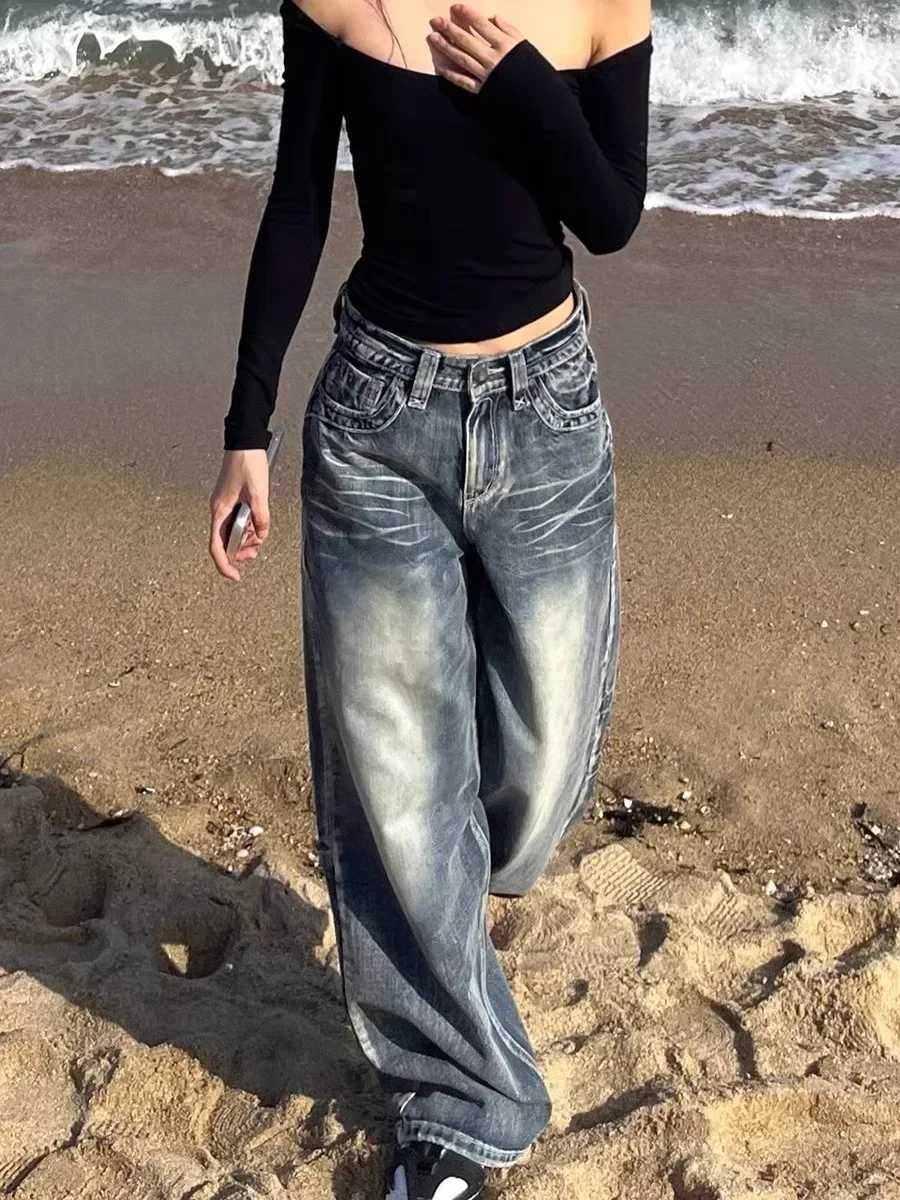 HOUZHOU Retro Y2K Blue Jeans Womens Bag Wash Wide Leg Jeans Womens Street Clothing Harajuku Korean Fashion Jeans Trousers GrungeT250319