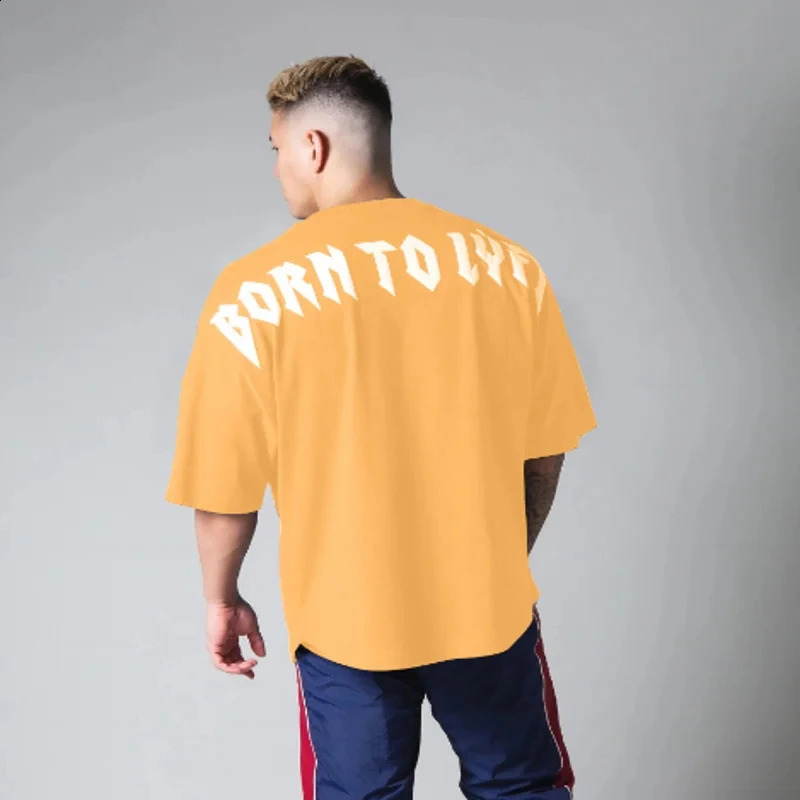 High quality gym T-shirt mens bodybuilding printed loose T-shirt sports T-shirt mens clothing cotton short sleeved sports shirt 250317