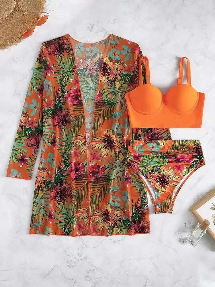 New Bikini Mesh Three Pieces Set Fringed Sexy Slit Printed Swimwear