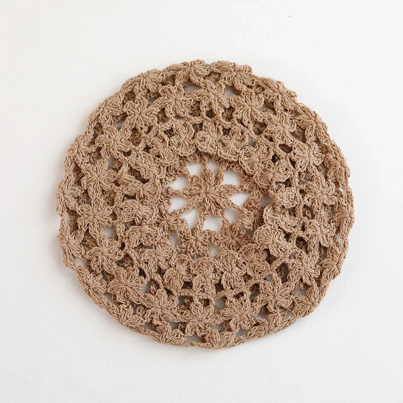 Red Knitted Hollow Handmade Crochet Beret Women Spring Autumn Thin Big Head Showing Face Small Versatile Painter Hat 250320