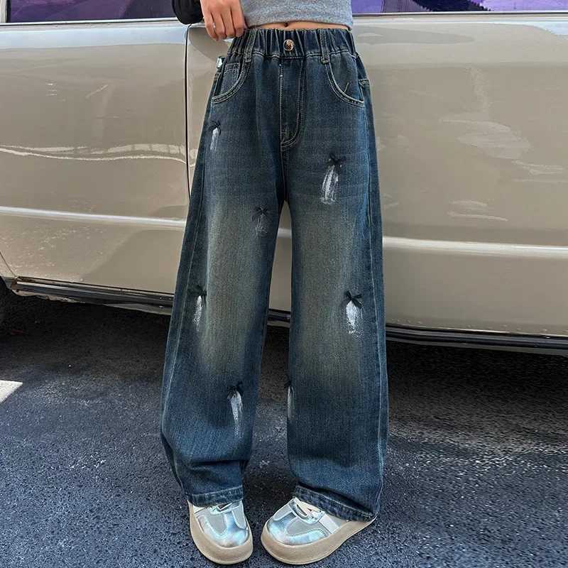 Girl Bow Graffiti Wide Leg Jeans Teen Fashion Casual Edition Straight Trend Wide Leg Pants 5-15 Years OldT250326