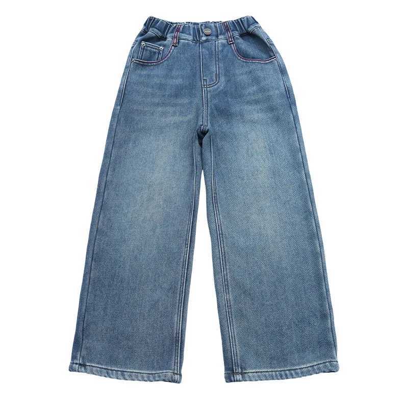Girls Jeans Spring Autumn New Bear Embroidery Big Kids Trendy Straight Leg Denim Pants Children Wide Leg Trousers 4-14YearsT250326