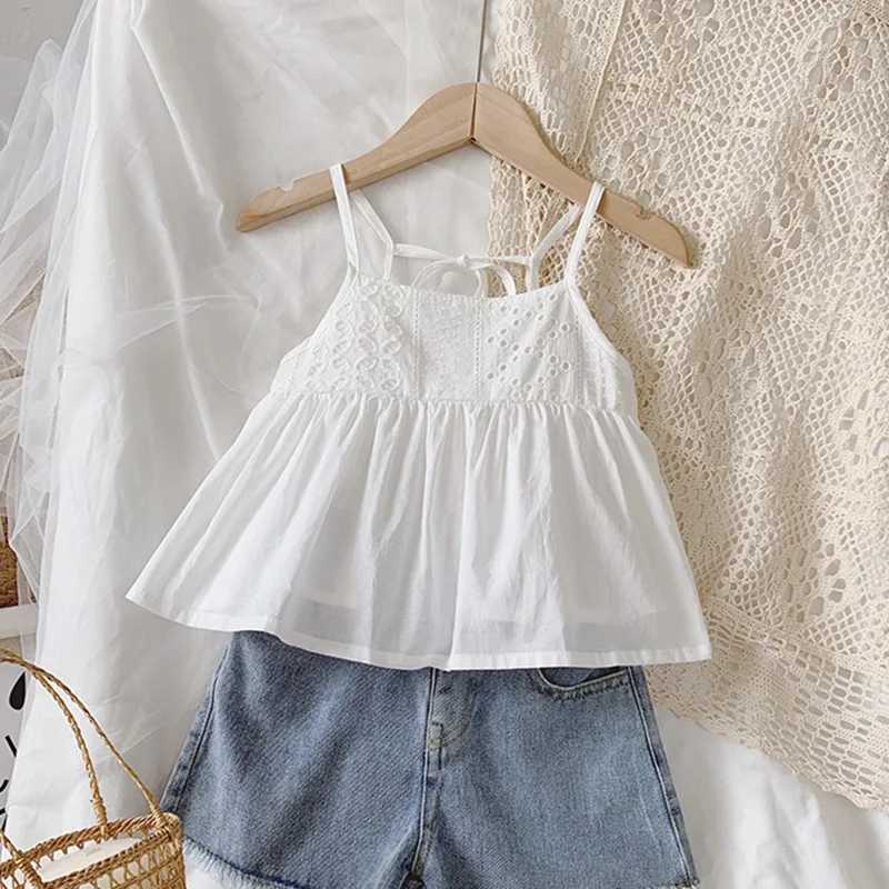 Summer Childrens Girls Strap Top Sweet Strap Sleeve T-shirt Childrens Clothing Short Top Childrens Solid Color Bow VestT250320