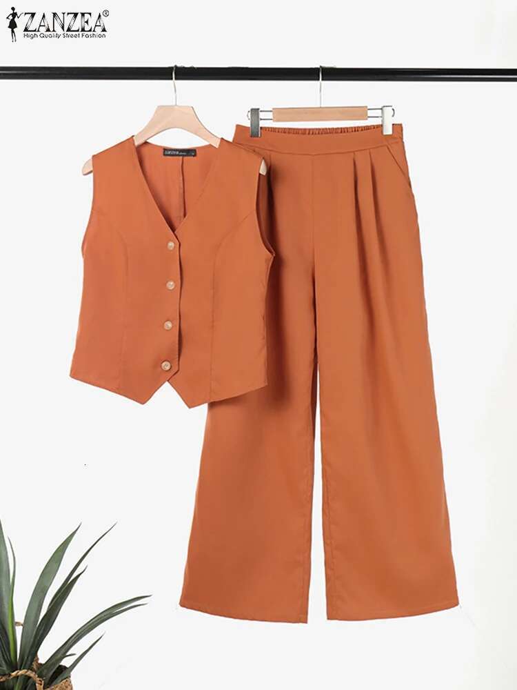 2025 ZANZEA Woman Elegant 2-Piece Pant Casual Vest And Pants Old Money Style Suits 2Pcs Outfits Wide Leg Trouser Sets