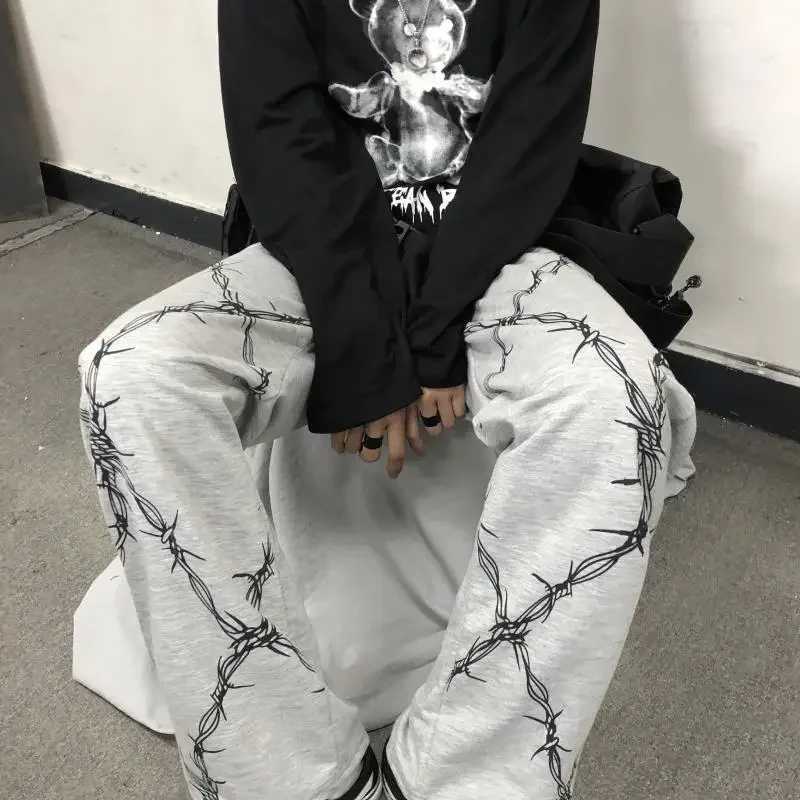 Korean style Harajuku retro black unique printed casual straight leg pants with loose fit mens high waist bell bottomT250319
