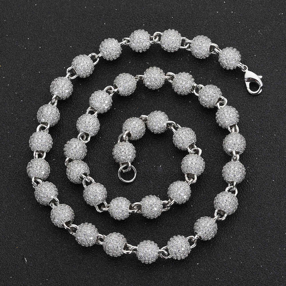 Hip Hop Fashion Jewelry 8mm Bling Ice Out Bracelet Round Bead Necklace Womens Micro Save CZ Chain Chrismas Party Gift