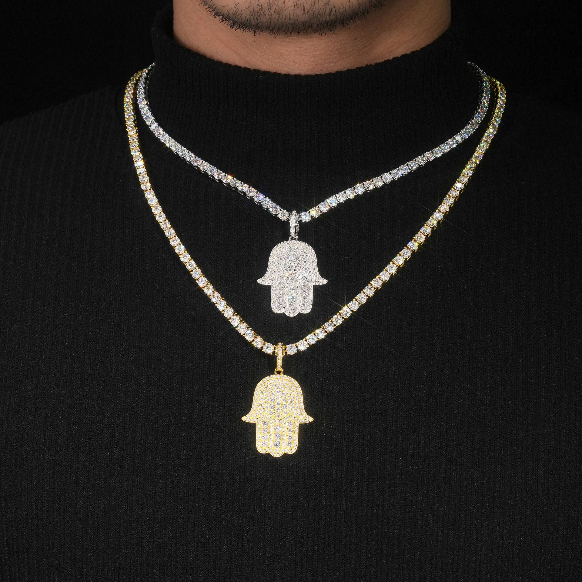 Hiphop Iced Moissanite Diamond Hamsa Hand Pendant 925 Sterling Silver Fatima Good Luck Charm Pendant Plated 14K Gold Pass Tester