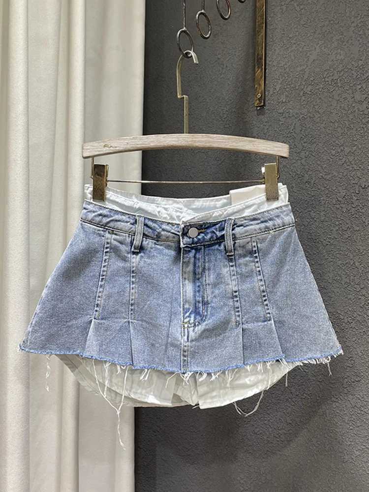 DEAT Trend Contrast Color Patchwork Denim Leather Womens Bottom Burr High Waist Loose Packaging Hip Skiing Fe 2025 Spring New 11XX1592XJ250320