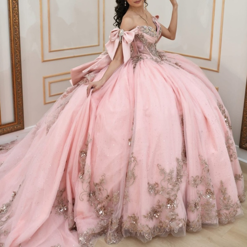 Pink Shiny Princess Ball Gown Quinceanera Dresses Lace Appliques Beading Crystals Bow Tull Sweet 16 Dress vestidos de 15 anos