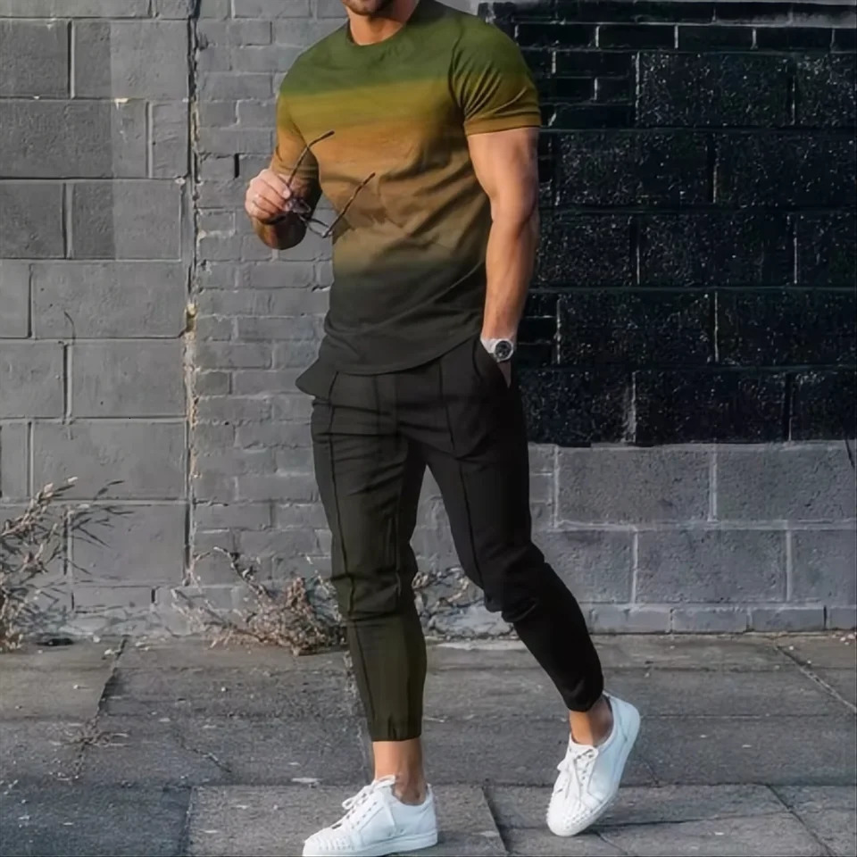 Mens Sweat Suits Sets - Summer Abstract Gradient 3D Printed T-Shirt and Pants Set 2-Piece Oversized Streetwear